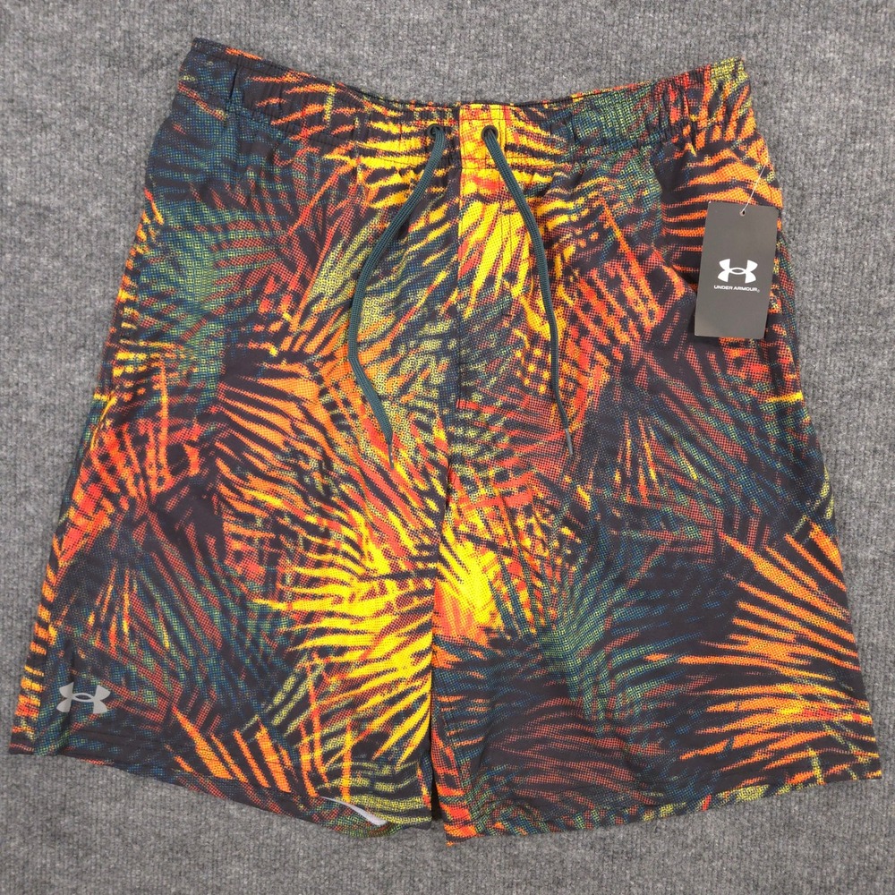 Under Armour Swim Trunks Mens Large Batik Palm Abstract AOP Pockets Lined 9" NEW